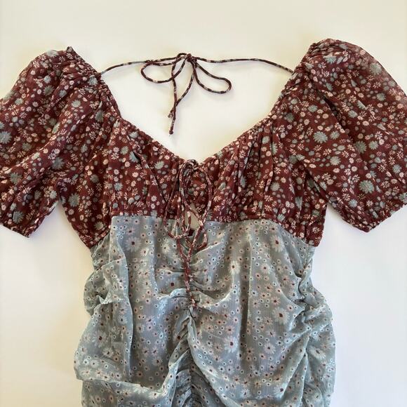 Free People Tessa Storm Combo Boho Floral Print Ruched Mini Dress Size Medium - Picture 2 of 10
